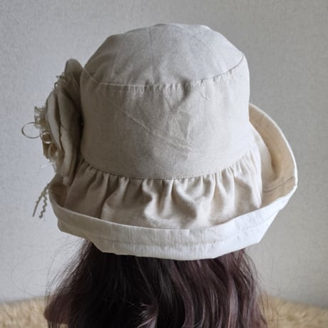 ナチュラルcottonリネン★約62㎝★日差しに負けない★ギャザーフリル 帽子