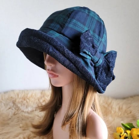 フィット hat×リボン★グリーン&ネイビーチェック