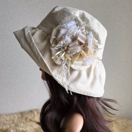 ナチュラルcottonリネン★約62㎝★日差しに負けない★ギャザーフリル 帽子
