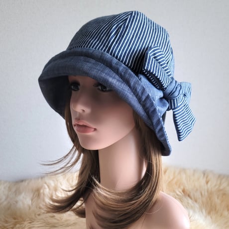 フィット hat×リボン★ヒッコリーデニム