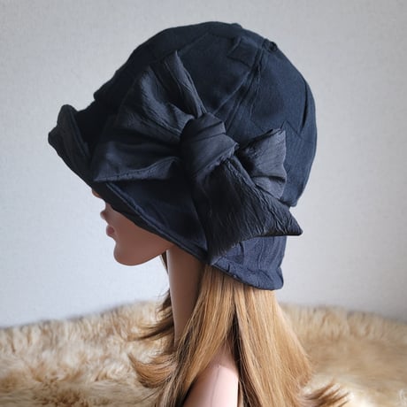 フィット hat×リボン★約59.5㎝★ブラックニット地リボン