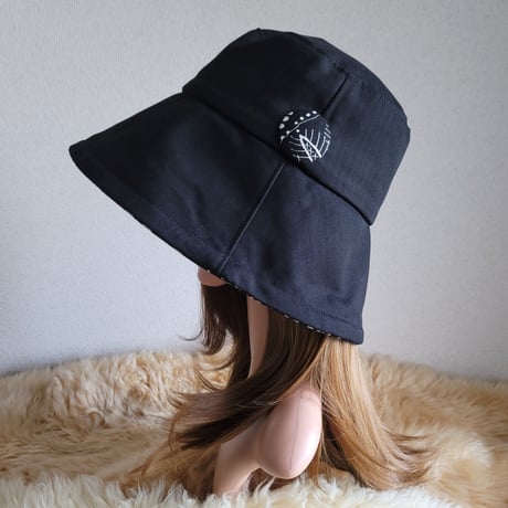 ブラックヘcottonへリンボーン柄×サークルFlower★ひとつ持っていると便利なプレーン帽子