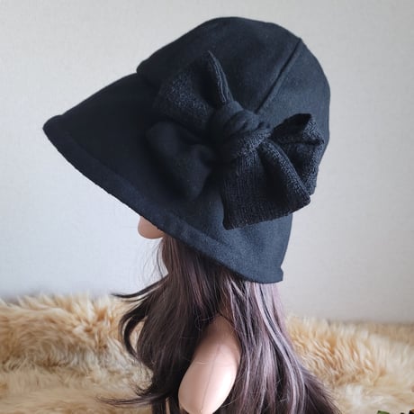 ★フィット hat★62㎝★サイズベルト付き★薄手ブラックwool×ブラックツイード