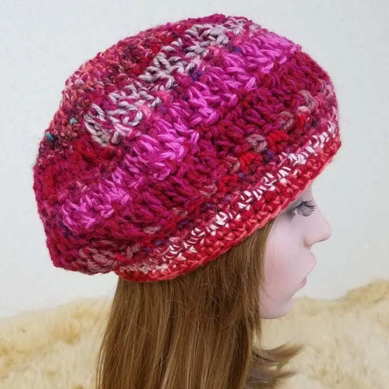 045* お花付きニット帽子＊赤系ミックス | 帽子shop three*
