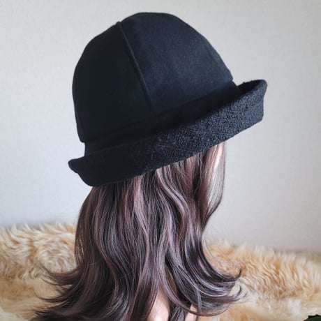 ★フィット hat★62㎝★サイズベルト付き★薄手ブラックwool×ブラックツイード