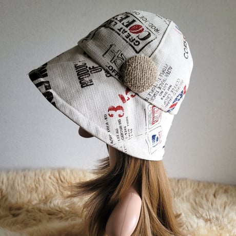 ビッグくるみボタン★フィット hat★約60㎝★ナチュラルベージュ★cottonリネン×コーヒー