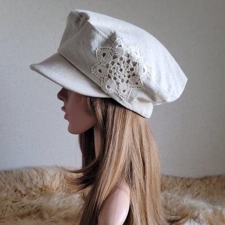 ナチュラルベージュ×手編みモチーフ★57cm★ふわりと優しい★マリン キャスケット