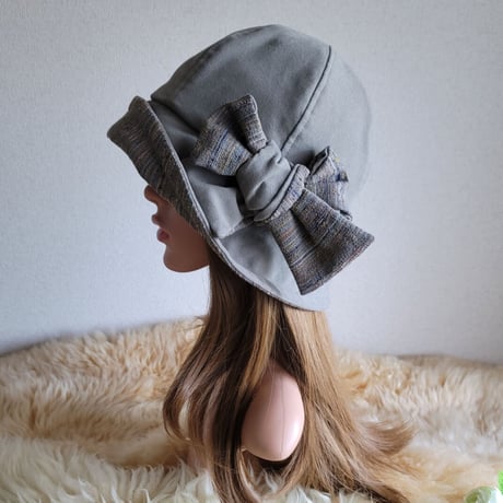 フィット hat★リボン  グレー系しっかりcotton×着物生地