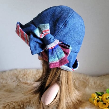 フィット hat×リボン　デニム×ボーダーニット地