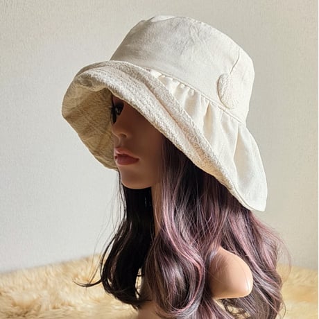 ナチュラルcottonリネン★約62㎝★日差しに負けない★ギャザーフリル 帽子