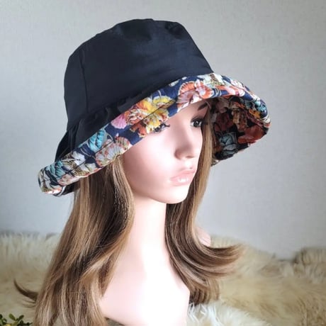 ★Flower×black★コサージュ★ミディアム★63㎝★日差しに負けない★ギャザーフリル 帽子★コサージュ付き