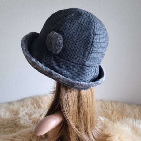 ふわモコ★フィットhat★グレー系ブロックチェック★約59.5㎝