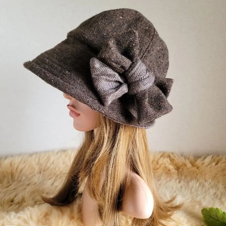 ★最終★フィット hat★ツイード茶系×リボン