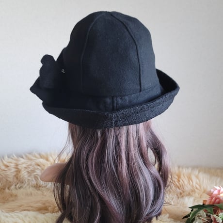 ★フィット hat★62㎝★サイズベルト付き★薄手ブラックwool×ブラックツイード