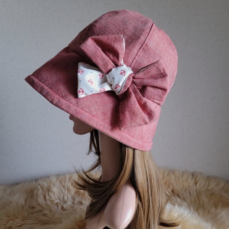 フィット hat×リボン★優しいレッドダンガリー×イカリ柄