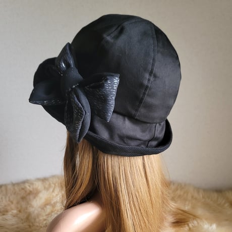 フィット hat×リボン★約59.5㎝★ブラックcotton×シルバーラメリボン