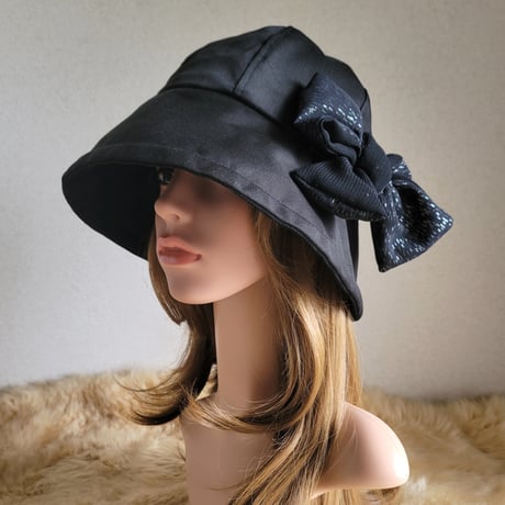 フィット hat×リボン★約59.5㎝★ブラックcotton×シルバーラメリボン