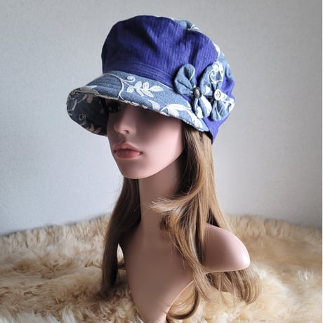 鮮やか紫デニム×ダンガリー刺繍★約59.5㎝★バタフライマリンキャスケット