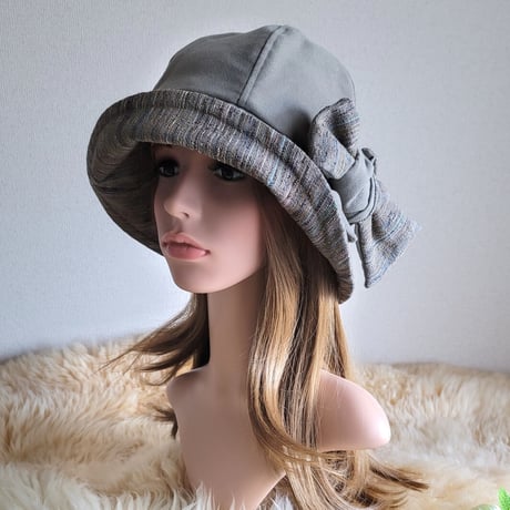 フィット hat★リボン  グレー系しっかりcotton×着物生地