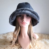 ふわモコ★フィットhat★グレー系ブロックチェック★約59.5㎝