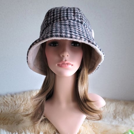 ふわモコ★フィットhat★優しいピンク系カラー★細かいチェック柄