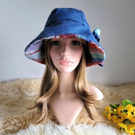 フィット hat×リボン　デニム×ボーダーニット地