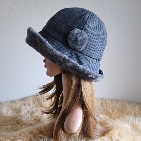 ふわモコ★フィットhat★グレー系ブロックチェック★約59.5㎝