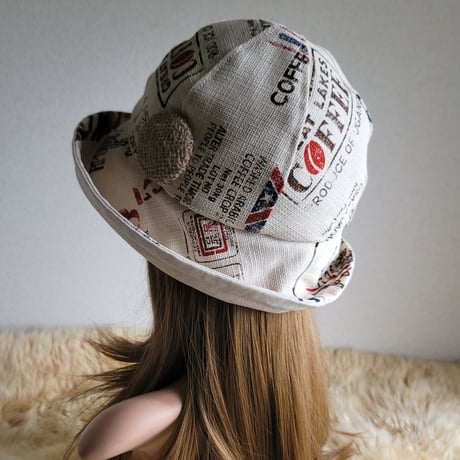 ビッグくるみボタン★フィット hat★約60㎝★ナチュラルベージュ★cottonリネン×コーヒー