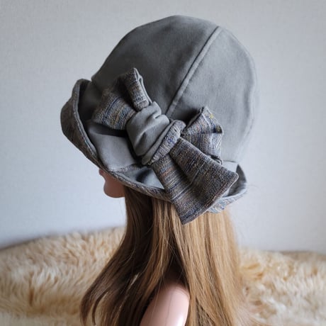 フィット hat★リボン  グレー系しっかりcotton×着物生地