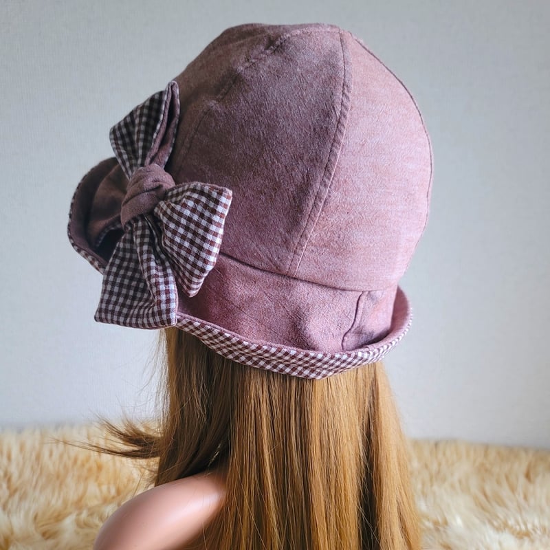 優しいブラウンカラー☆チェック柄☆約59.5㎝☆フィット hat×リボン