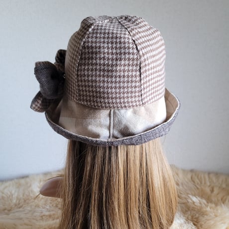 フィット hat★リボン★サイズ調節付き★やわらか千鳥格子柄
