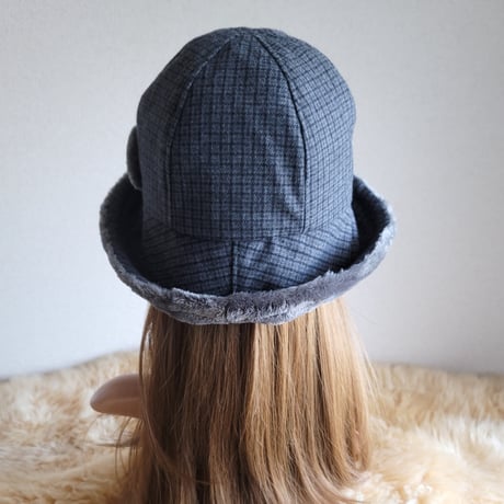 ふわモコ★フィットhat★グレー系ブロックチェック★約59.5㎝