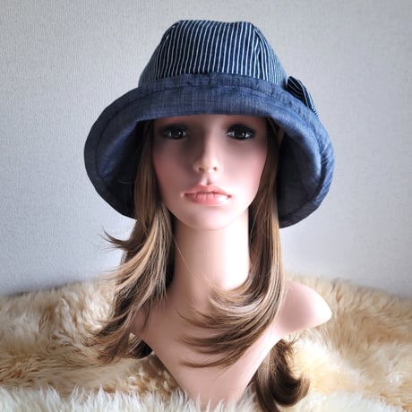 フィット hat×リボン★ヒッコリーデニム