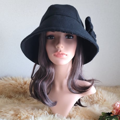 ★フィット hat★62㎝★サイズベルト付き★薄手ブラックwool×ブラックツイード
