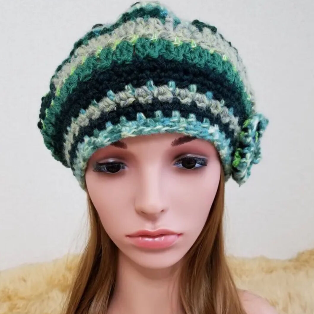011* お花付きニット帽子＊グリーン 系 ミックス | 帽子shop three*