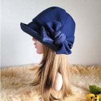 厚手ウールネイビー×ゴールドラメ★フィット hat★リボン