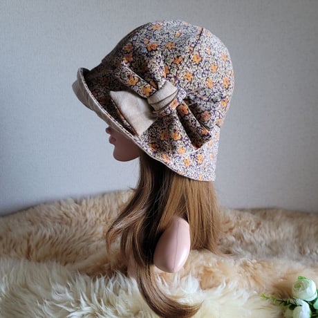 フィット hat★リボン  コーディロイFlower×ブロックチェック