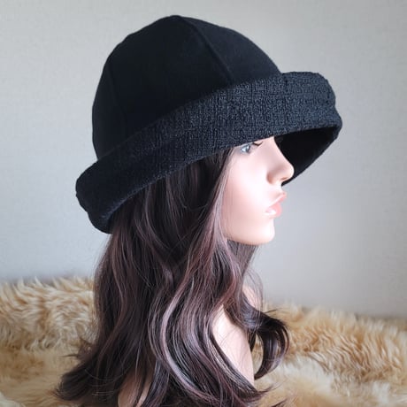 ★フィット hat★62㎝★サイズベルト付き★薄手ブラックwool×ブラックツイード
