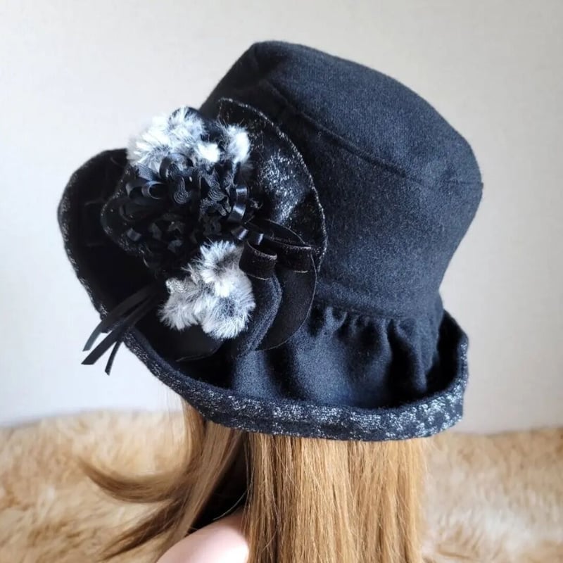 薄手blackウール☆日差しに負けない☆ギャザーフリル 帽子