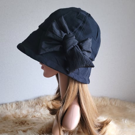 フィット hat×リボン★約59.5㎝★ブラックニット地リボン