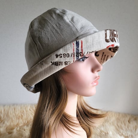 ビッグくるみボタン★フィット hat★約60㎝★ナチュラルベージュ★cottonリネン×コーヒー