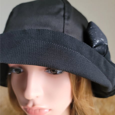 フィット hat×リボン★約59.5㎝★ブラックcotton×シルバーラメリボン