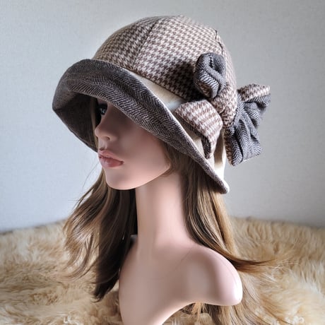 フィット hat★リボン★サイズ調節付き★やわらか千鳥格子柄