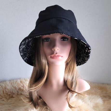 ブラックヘcottonへリンボーン柄×サークルFlower★ひとつ持っていると便利なプレーン帽子
