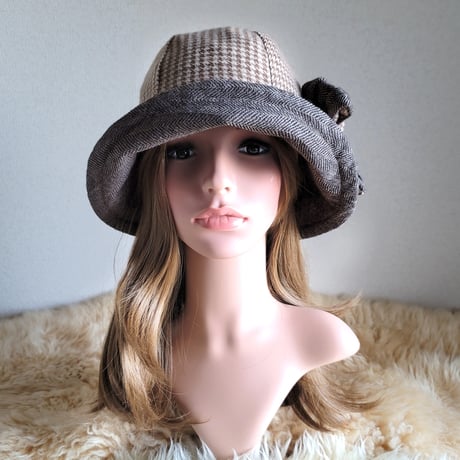 フィット hat★リボン★サイズ調節付き★やわらか千鳥格子柄