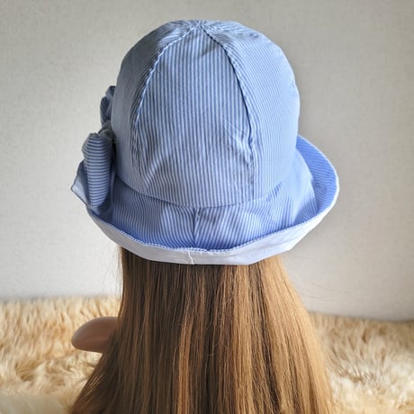 爽やか水色系★ストライプミックス★約59.5㎝★フィット hat×リボン