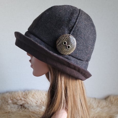 フィット hat★59.5㎝★薄手カラフルネップウール★ブラウングレンチェック