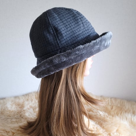 ふわモコ★フィットhat★グレー系ブロックチェック★約59.5㎝