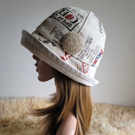 ビッグくるみボタン★フィット hat★約60㎝★ナチュラルベージュ★cottonリネン×コーヒー