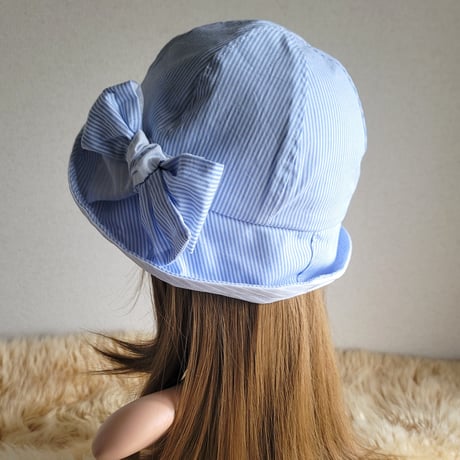 爽やか水色系★ストライプミックス★約59.5㎝★フィット hat×リボン